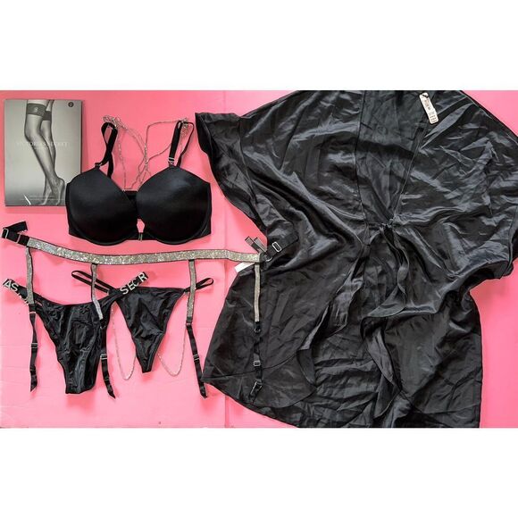 Victoria's Secret 34DD BRA SET+garter+THONGS+ROBE shine strap crystallized BLACK